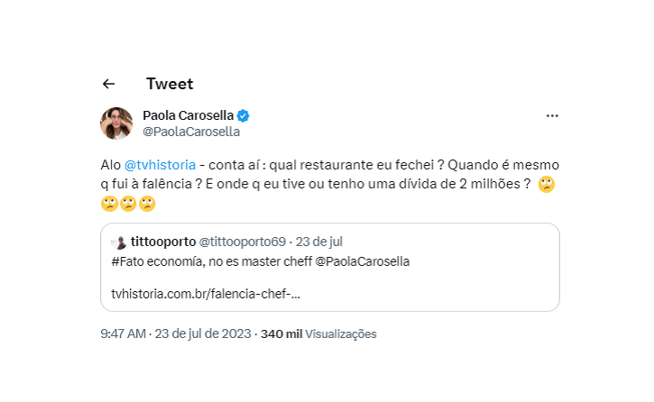 Paola repostou uma notícia de um portal e rebateu as informações divulgadas. (Foto: Twitter)