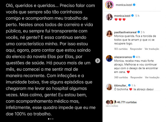 “Estou aqui, agora, para contar que estou saindo do elenco da novela ‘Elas por Elas’, por questões de saúde”, afirmou a atriz em seu Instagram. (Foto: Instagram)