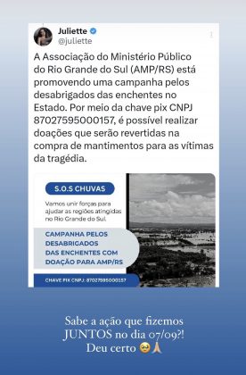 Já no Instagram, depois do ocorrido, a ex-bbb postou que uma ação que fez em 07/09, pedindo doações para a região, deu certo. (Foto: Instagram)