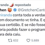 Gretchen, avó de consideração de Bia, também se pronunciou, e apoiou a moça: "Bia Miranda conta toda a verdade. Inclusive que nem documento você tinha. E que ela se negou a dar sua certidão. E se não fosse seu pai você nem teria podido fazer o programa. Chega, a máscara dela caiu." (Foto: Reprodução - X)