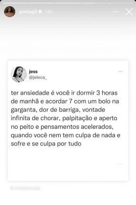 Preta Gil fez um novo desabafo emocionante em torno das dificuldades que vem enfrentando após a cirurgia de retirada do tumor. (Foto: Instagram)