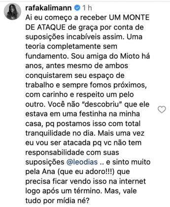 Rafa Kalimann se manifestou em torno do dos rumores de que estaria vivendo um romance com Gustavo Mioto. (Foto: Instagram)