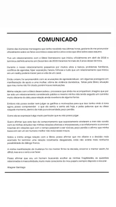 Wagner Santiago quebrou o silêncio após ter o nome associado ao desabafo feito por Gleici Damasceno, em que relatou ter sofrido abuso e agressão de um ex-namorado. (Foto: Instagram)