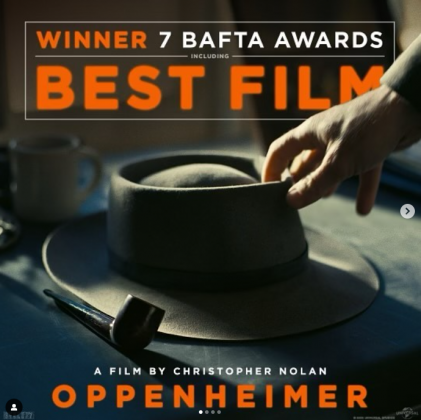 Oppenheimer ganhou como melhor filme da noite. (Foto: Instagram)