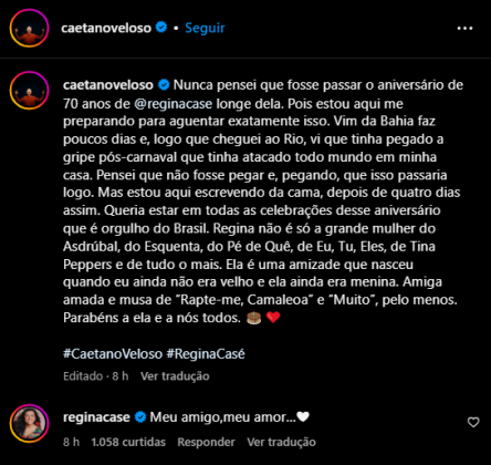 Nos comentários da publicação Regina agradeceu a postagem. (Foto: Instagram)