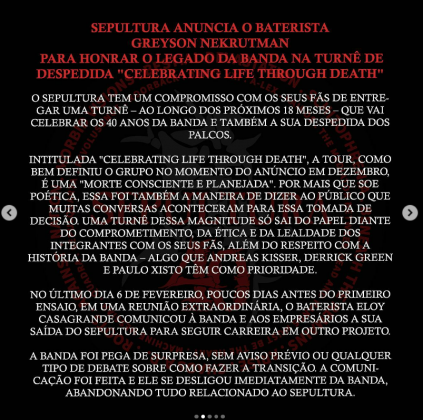 O Sepultura também se pronunciou anunciando a chagada de um novo baterista. (Foto: Instagram)