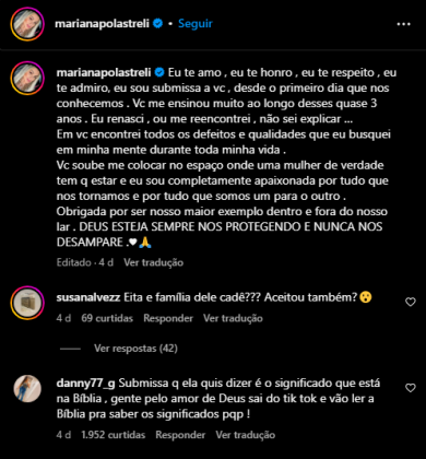 A escolha de Mariana em usar o termo "submissa" desperta debate sobre os papéis de gênero na sociedade contemporânea. (Foto: Instagram)