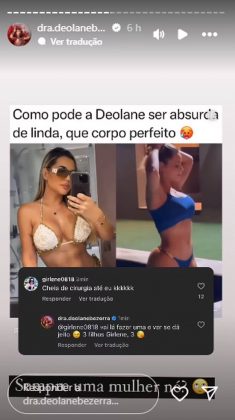 Deolane Bezerra utilizou as redes sociais e reagiu após uma seguidora ter feito críticas sobre sua aparência. (Foto: Instagram)