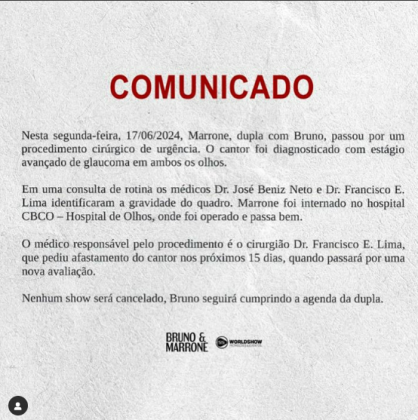 O cantor foi diagnosticado com glaucoma avançado. (Foto: Instagram)