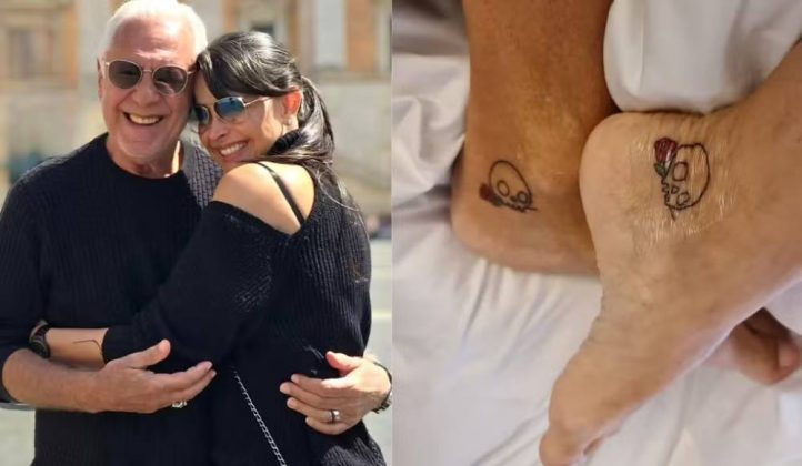 O casal Antonio Fagundes e Alexandra Martins optou por uma tatuagem que representa a união: uma caveira e uma rosa. (Foto Instagram)