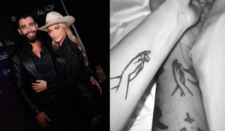 Gusttavo Lima e Andressa Suita também decidiram eternizar o amor na pele com uma tatuagem simbólica: uma arte de duas mãos entrelaçadas, desenhadas nos braços de ambos. (Foto Instagram)