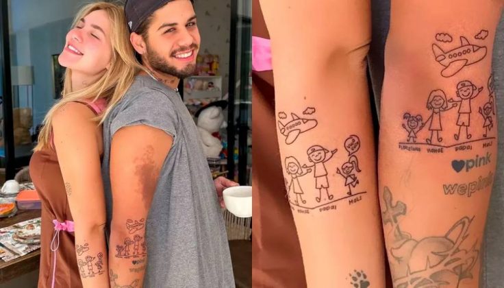 Mais tarde, para celebrar a família que construíram, tatuaram uma ilustração que representa o casal com suas duas filhas – isso, antes da chegada do terceiro filho. (Foto Instagram)