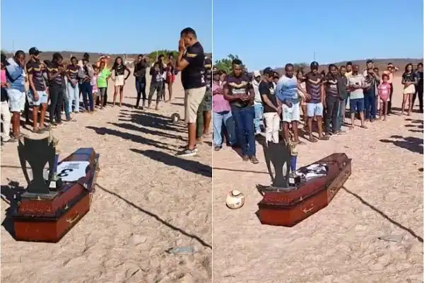 Amigos fazem último passe com caixão de jogador durante velório; vídeo