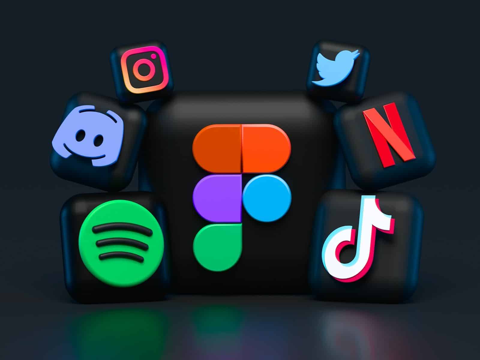 A central Figma logo surrounded by various social media and streaming app icons