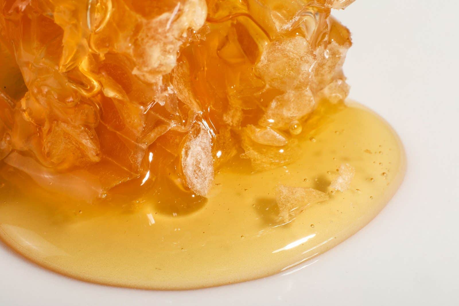 Close-up of dripping honeycomb with golden honey