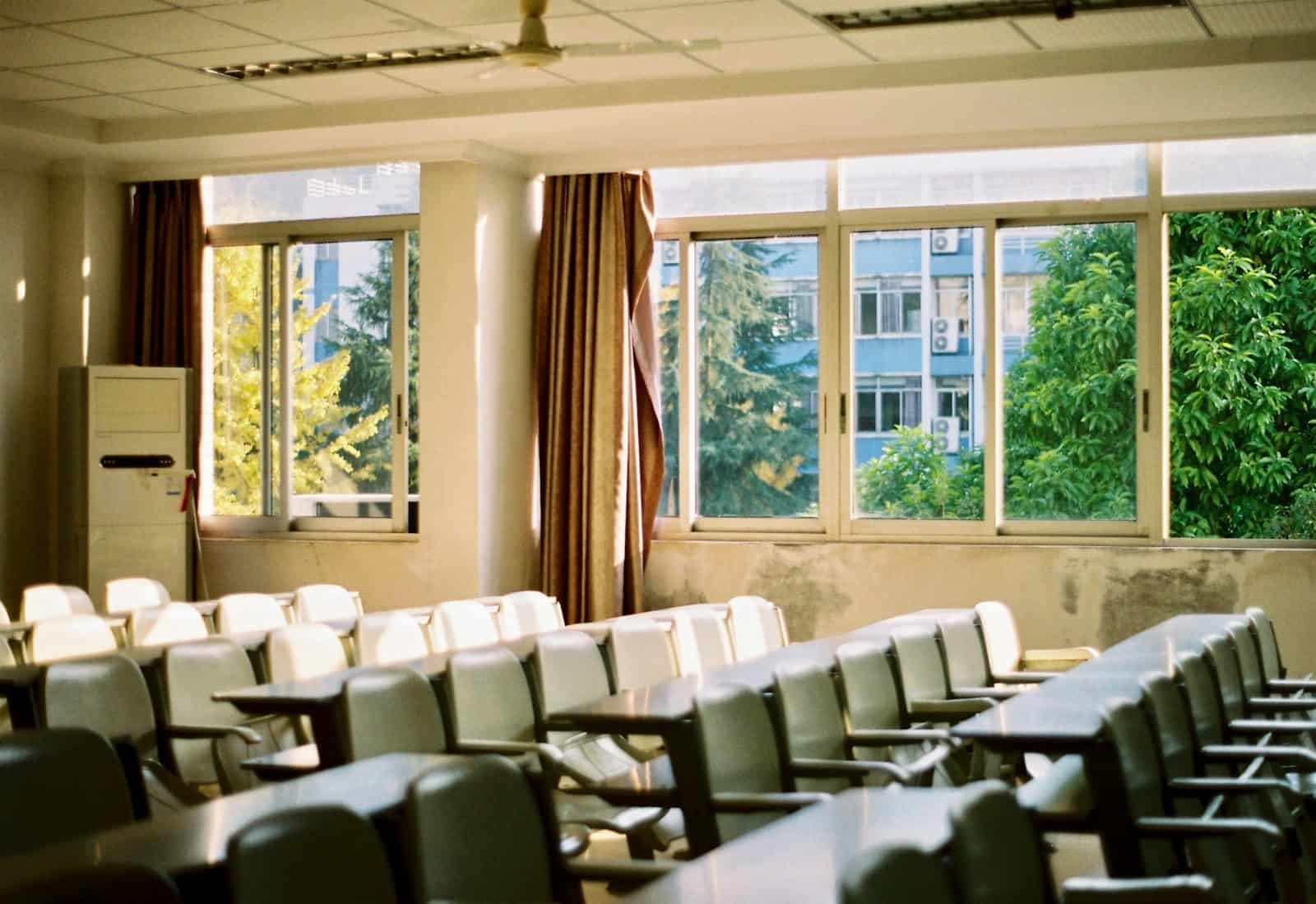 a room with tables and chairs